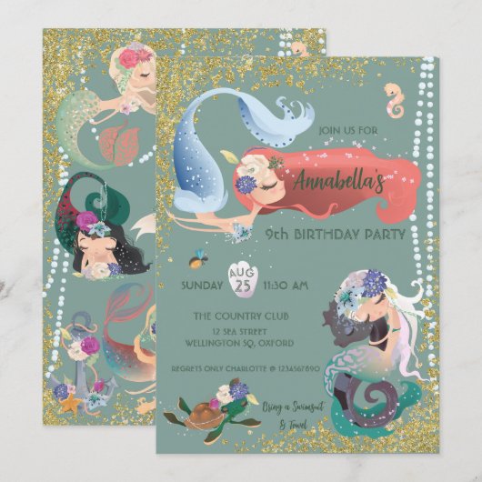 Bewerkbare Zeemeermin Uitnodiging (Voorkant / Achterkant)