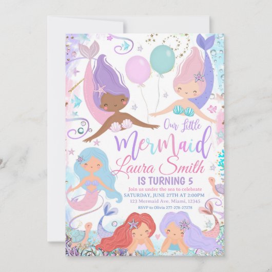 Bewerkbare Zeemeermin verjaardagsfeestuitnodiging  Kaart (Voorkant)