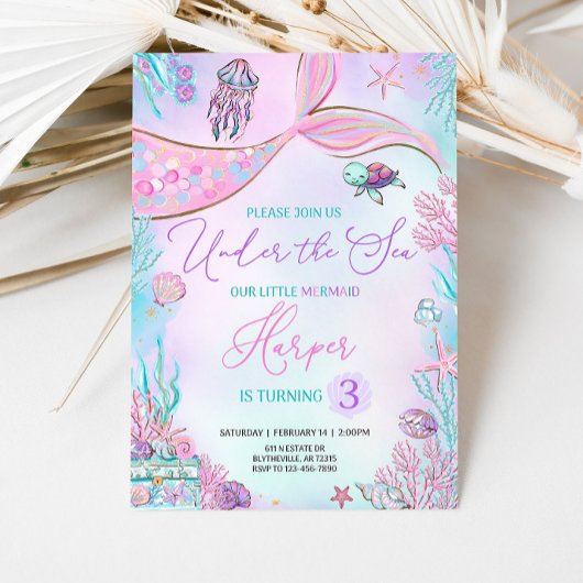 Bewerkbare zeemeermin verjaardagsuitnodiging onder kaart