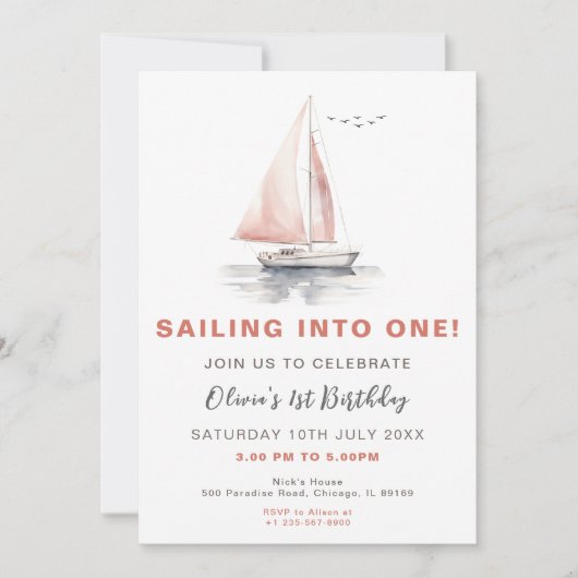 Bewerkbare zeilboot verjaardagsuitnodiging - Roze Kaart (Voorkant)