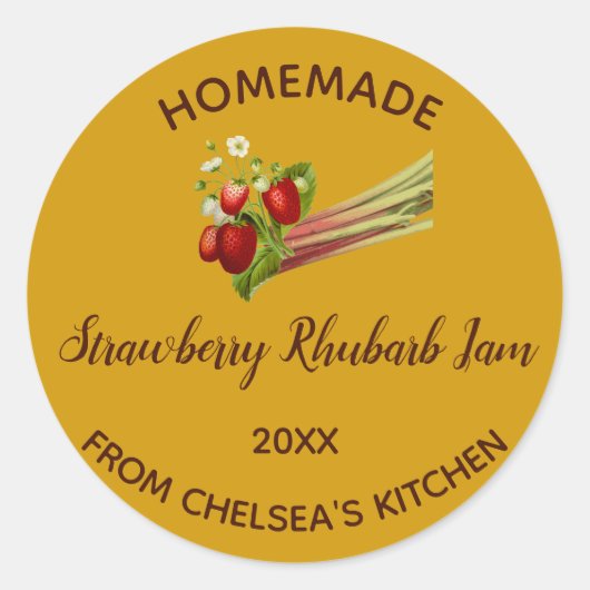 Bewerkbare zelfgemaakte aardbeienrabarberjam ronde sticker (Voorkant)