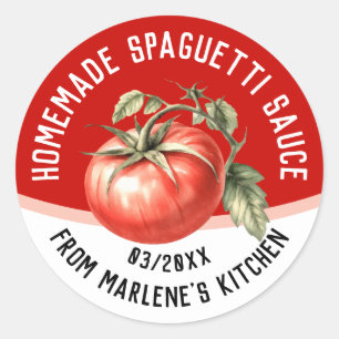 Bewerkbare zelfgemaakte spaghettisaus met rode tom ronde sticker