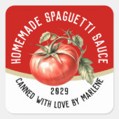 Bewerkbare zelfgemaakte spaguetti saus met rode to vierkante sticker (Voorkant)