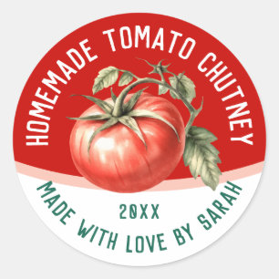 Bewerkbare zelfgemaakte tomatenchutney met rode to ronde sticker