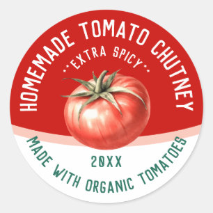 Bewerkbare zelfgemaakte tomatenchutney met rode to ronde sticker