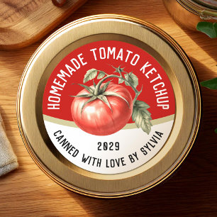 Bewerkbare zelfgemaakte tomatenketchup met rode to ronde sticker