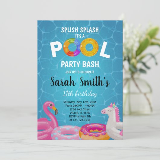 Bewerkbare Zomer Splash Party Uitnodiging voor Kin (Staand voorkant)