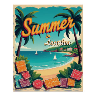 Bewerkbare zomerbestemming met reisstempels perfect poster