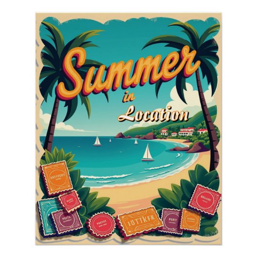 Bewerkbare zomerbestemming met reisstempels perfect poster (Voorkant)
