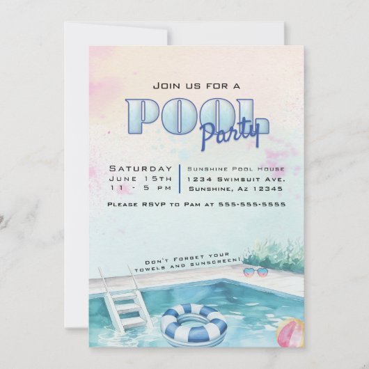 Bewerkbare Zomerpool Party uitnodiging (Voorkant)