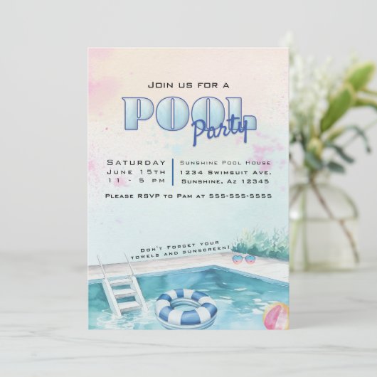 Bewerkbare Zomerpool Party uitnodiging (Staand voorkant)
