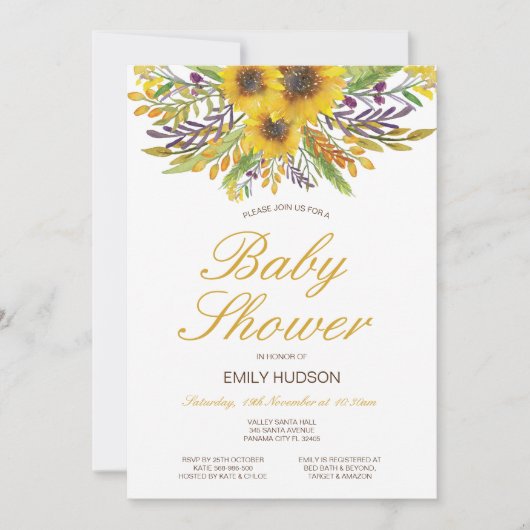 Bewerkbare Zonnebloem Baby Shower Uitnodiging, Fee Kaart (Voorkant)