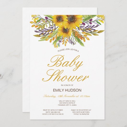 Bewerkbare Zonnebloem Baby Shower Uitnodiging, Fee Kaart (Voorkant / Achterkant)