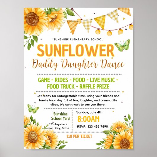 Bewerkbare zonnebloem school dans flyer poster (Voorkant)