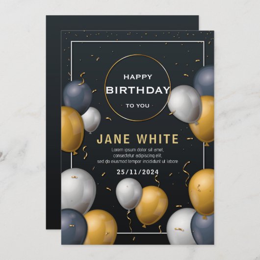 bewerkbare zwarte en gouden ballon volwassen verja kaart (Voorkant / Achterkant)