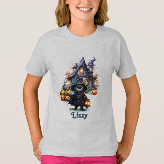 Bewerkbare zwarte kat heks pompoen jeugd halloween t-shirt (Voorkant)