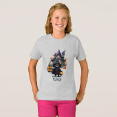 Bewerkbare zwarte kat heks pompoen jeugd halloween t-shirt (Voorkant volledig)