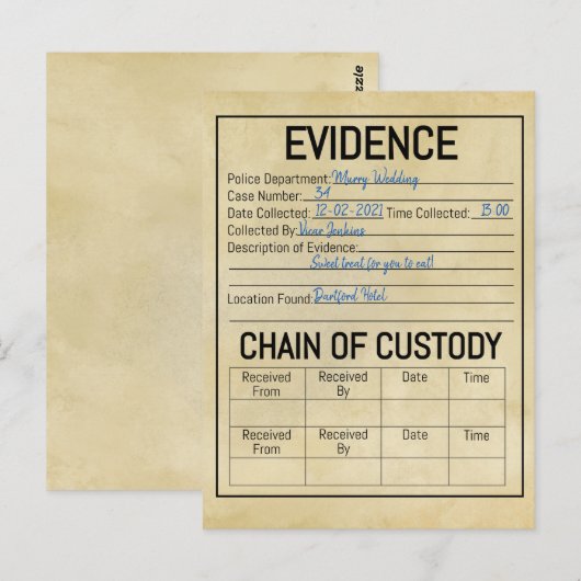 Bewijsketen bewaarketen misdaad spel rol spelen vl briefkaart (Voorkant / Achterkant)