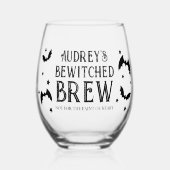 Bewitched Brouwen Vleermuizen en Sterren Halloween Wijnglas Zonder Voet (Voorkant)