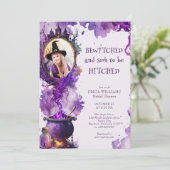 Bewitched een Hitched Halloween Photo Vrijgezellen Kaart (Staand voorkant)