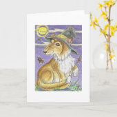 Bewitching Collie Dog Halloween Witch Kaart (Gele Bloem)