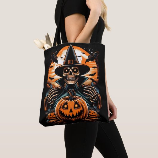 Bewitching Skeleton met Jack-O'-Lantern Halloween Tote Bag (Dichtbij)