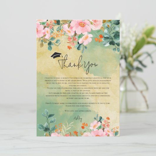 Bewn roze waterverf floraal botanisch afstuderen bedankkaart (Staand voorkant)