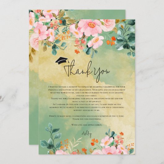 Bewn roze waterverf floraal botanisch afstuderen bedankkaart (Voorkant / Achterkant)