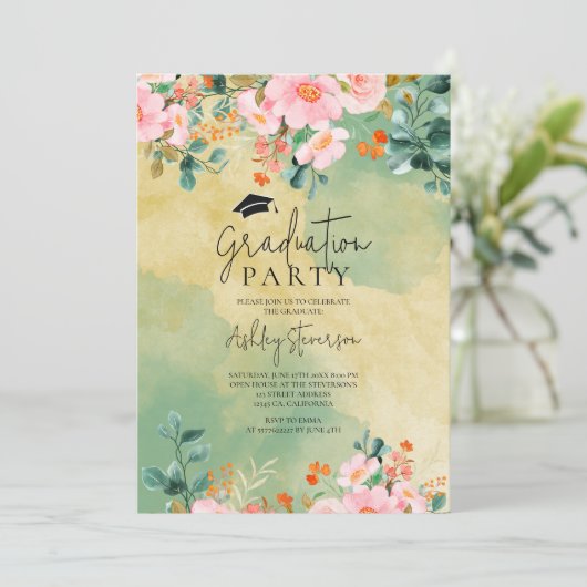 Bewn roze waterverf floraal botanisch afstuderen kaart (Staand voorkant)