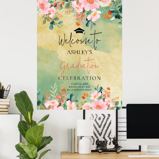 Bewn roze waterverf floraal botanisch afstuderen poster (Thuiskantoor)