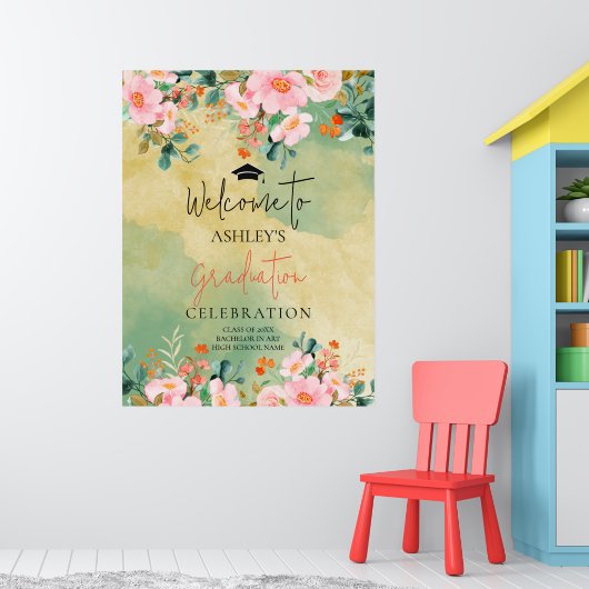 Bewn roze waterverf floraal botanisch afstuderen poster (Kinderkamer 1)