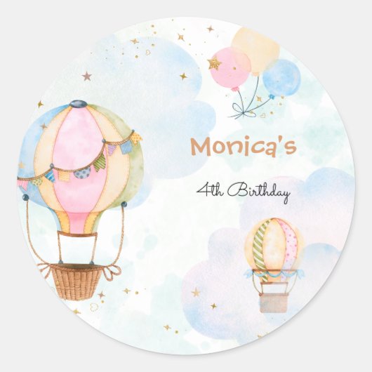 Bewolkte lucht hete luchtballonnen kinderen verjaa ronde sticker (Voorkant)