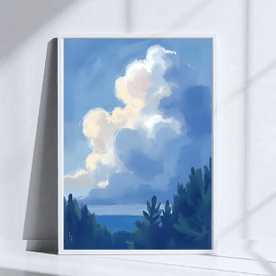 Bewolkte luchten Blauw bos waterverfschilderij Poster
