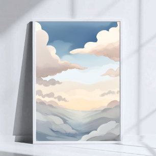 Bewolkte luchten   Waterverf lucht blauwe wolken Poster