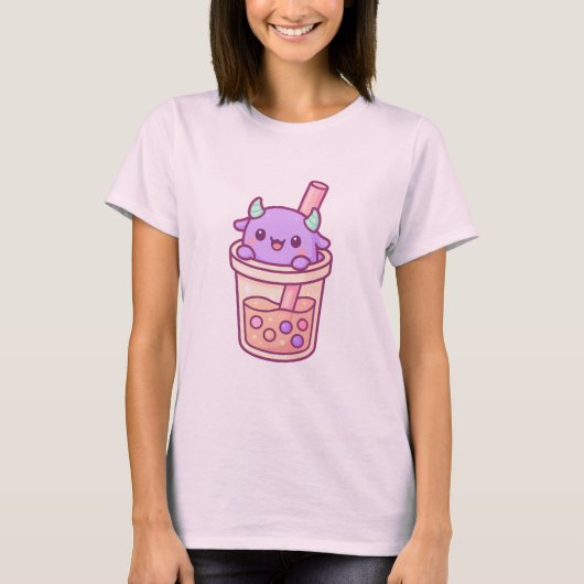 Bewrow Kawaii Monster with Rainbow Bubble Tea T-shirt (Voorkant)