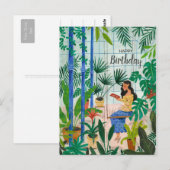 Bewuste blauwe kasplanten meisje lezend briefkaart (Voorkant / Achterkant)