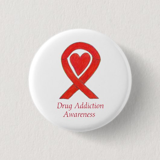 Bewustmaking van het drugsgebruik Rood hartlintje Ronde Button 3,2 Cm (Voorkant)
