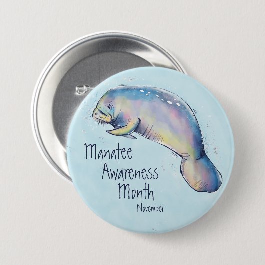 Bewustmakingsmaand, waterverf manatee ronde button 7,6 cm (Voorkant /achterkant)