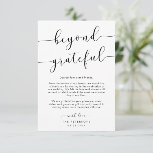 Beyond Grateful Elegant Script Weduwfoto Bedankkaart (Staand voorkant)