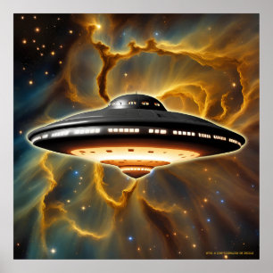 Beyond the Golden Veil: Enigmatic Saucer & ET Crew Poster