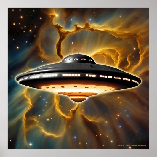 Beyond the Golden Veil: Enigmatic Saucer & ET Crew Poster (Voorkant)