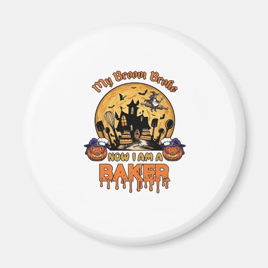 Bezem Gebroken Bakker Halloween Heks Chef Pompoen_ Magneet (Voorkant)