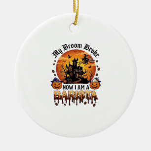 Bezem Gebroken Barista Halloween Heks Koffie Pompo Keramisch Ornament
