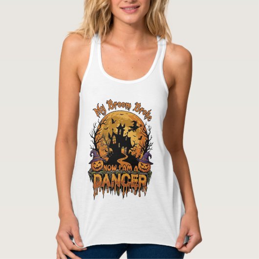 Bezem Gebroken Danser Halloween Spokenhuis Pompoen Tanktop (Voorkant)