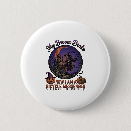 Bezem Gebroken Fiets Koerier Heks Halloween Maan Ronde Button 5,7 Cm (Voorkant)