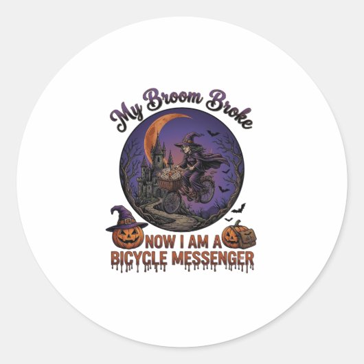 Bezem Gebroken Fiets Koerier Heks Halloween Maan Ronde Sticker (Voorkant)