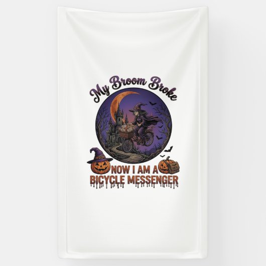 Bezem Gebroken Fiets Koerier Heks Halloween Maan Spandoek (Verticaal)