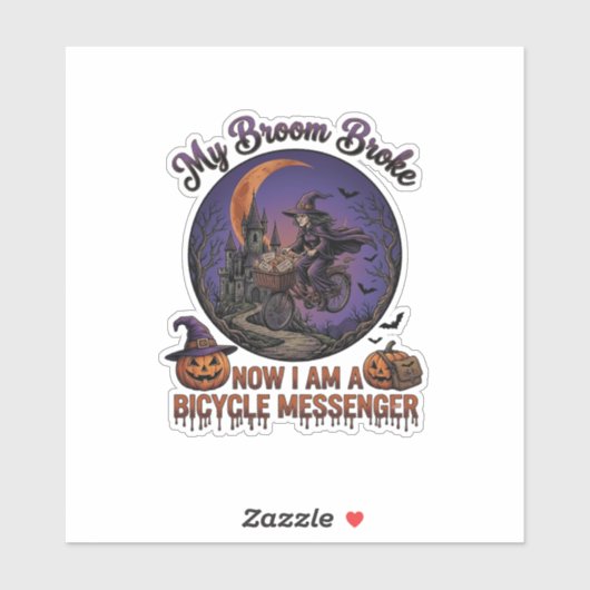 Bezem Gebroken Fiets Koerier Heks Halloween Maan Sticker (Vel)