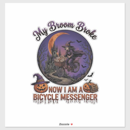 Bezem Gebroken Fiets Koerier Heks Halloween Maan Sticker (Vel)