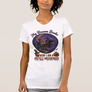 Bezem Gebroken Fiets Koerier Heks Halloween Maan T-shirt